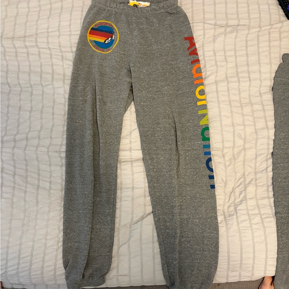 Aviator Nation Gray Joggers with Rainbow Logo